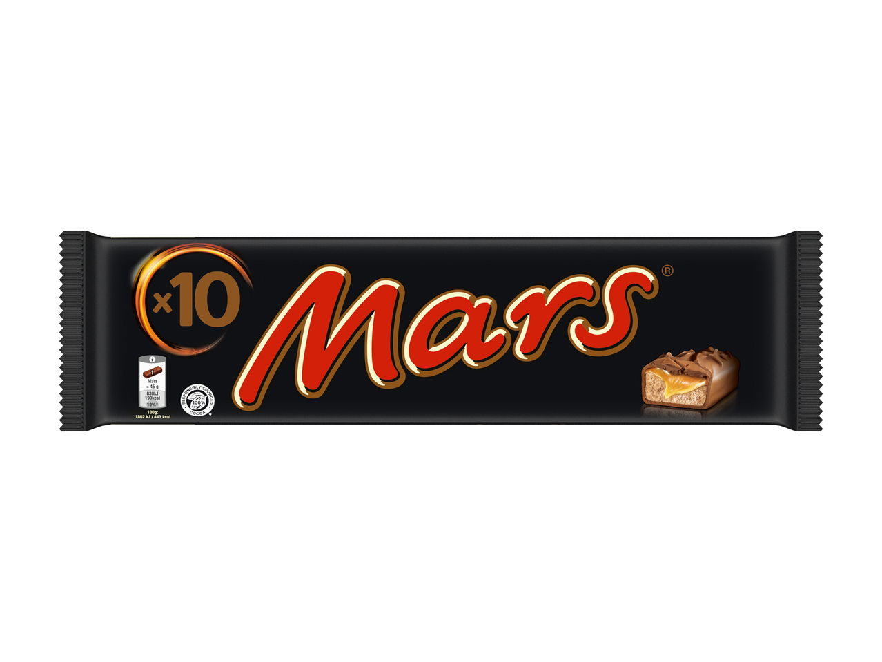 Een zwarte verpakking met tien chocoladerepen, waarvan één is opengesneden.