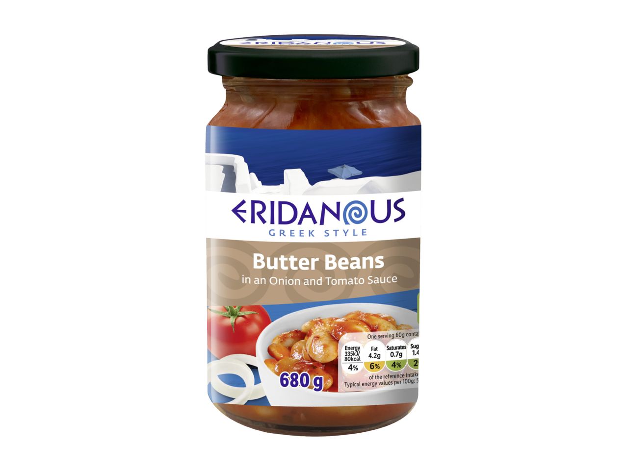 Jar of butter beans in onion and tomato sauce, with nutritional information.