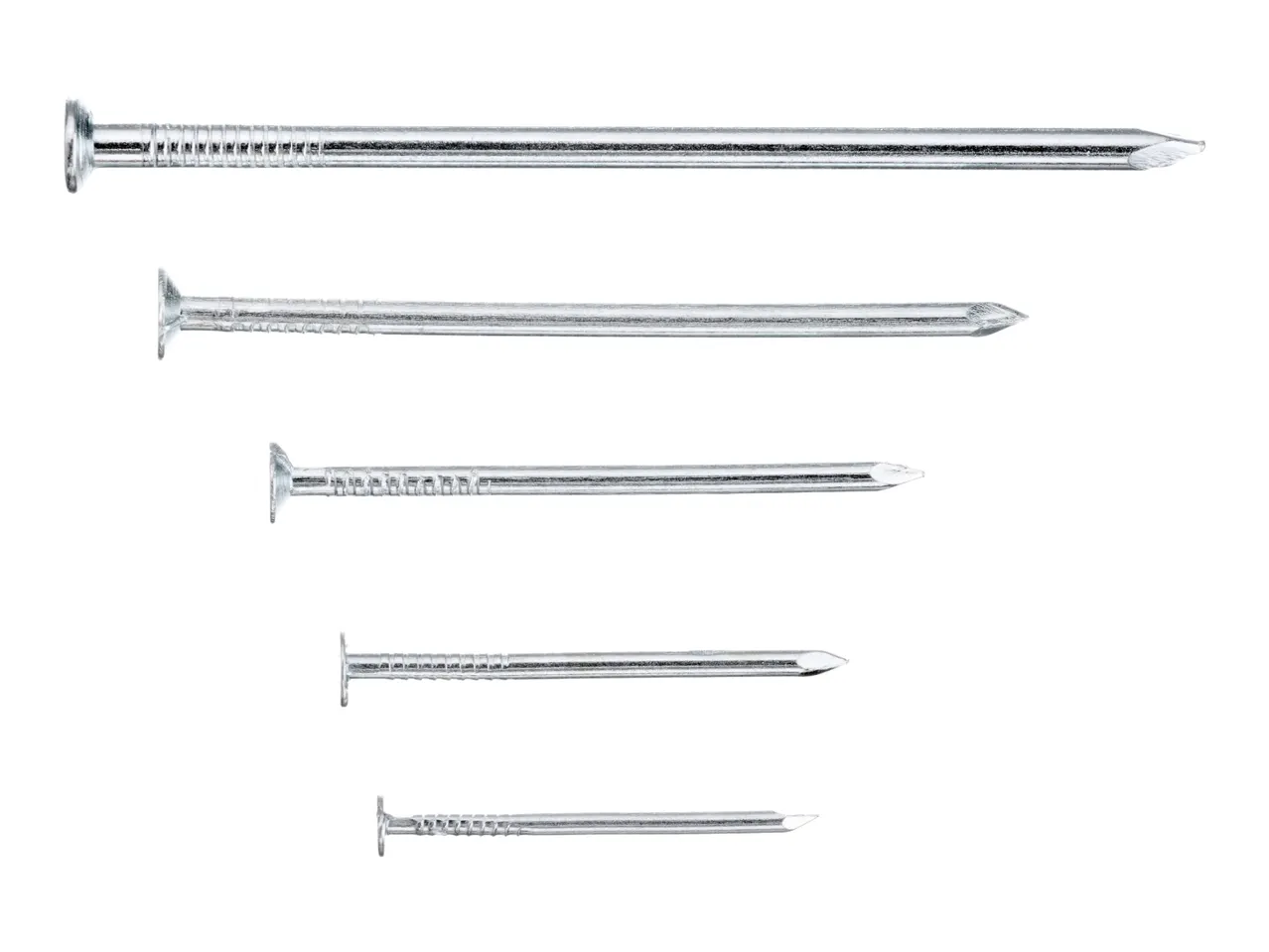 Five galvanized nails of varying lengths, arranged horizontally on a white background.