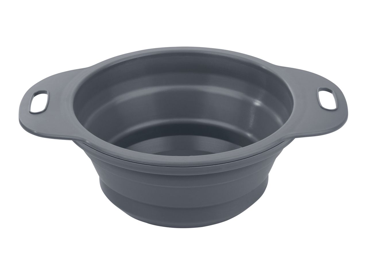A gray silicone collapsible bowl with two handles.