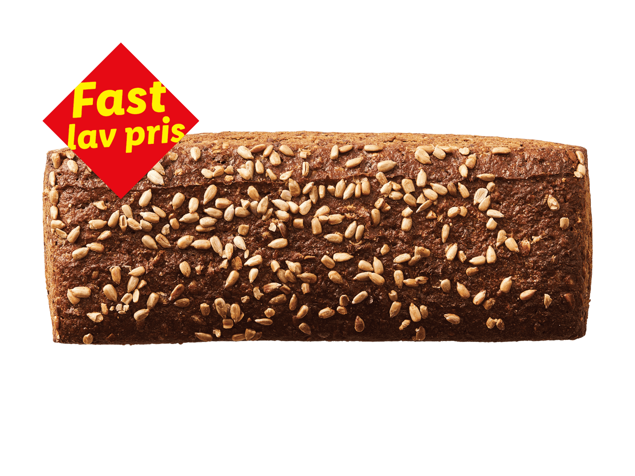 Et mørkt brød med solsikkekerner og et rødt skilt med teksten 'Fast lav pris'.