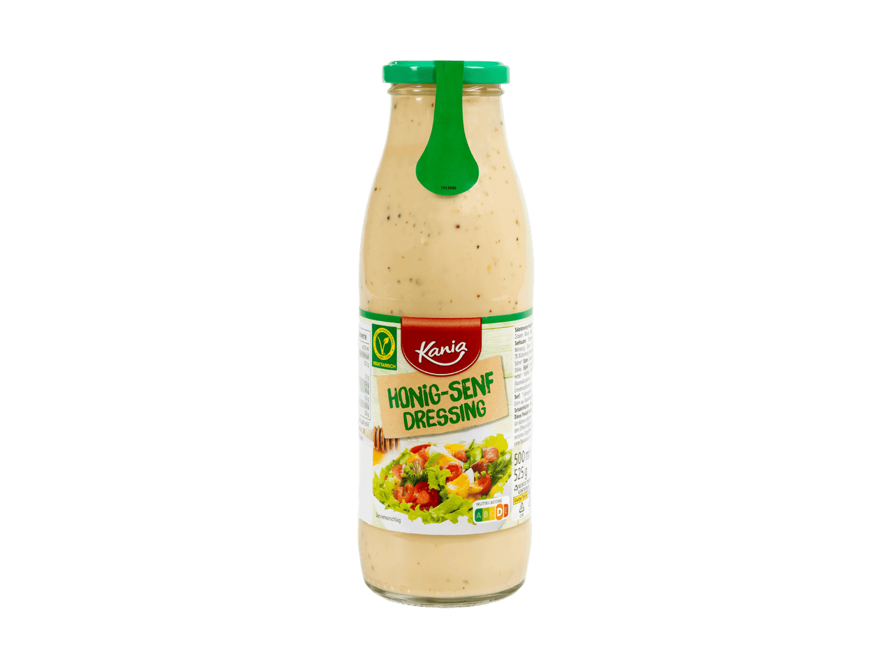 Flasche Honig-Senf-Dressing mit Salatbild und Nährwertangaben