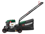 A black and green petrol lawnmower with a grass collection bag.