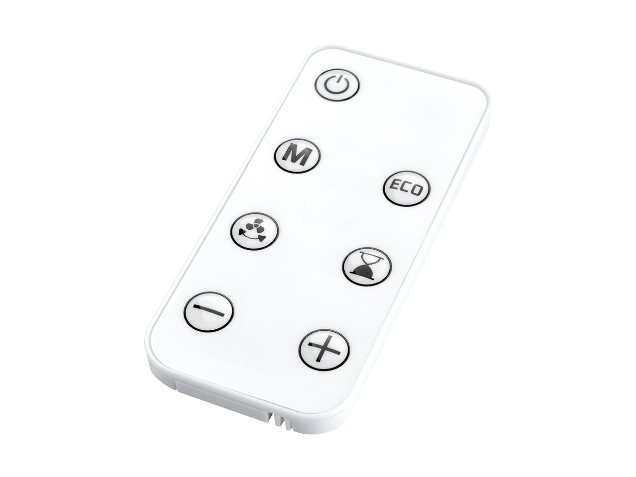 White remote control with power, mode, fan, eco, timer, minus, and plus buttons