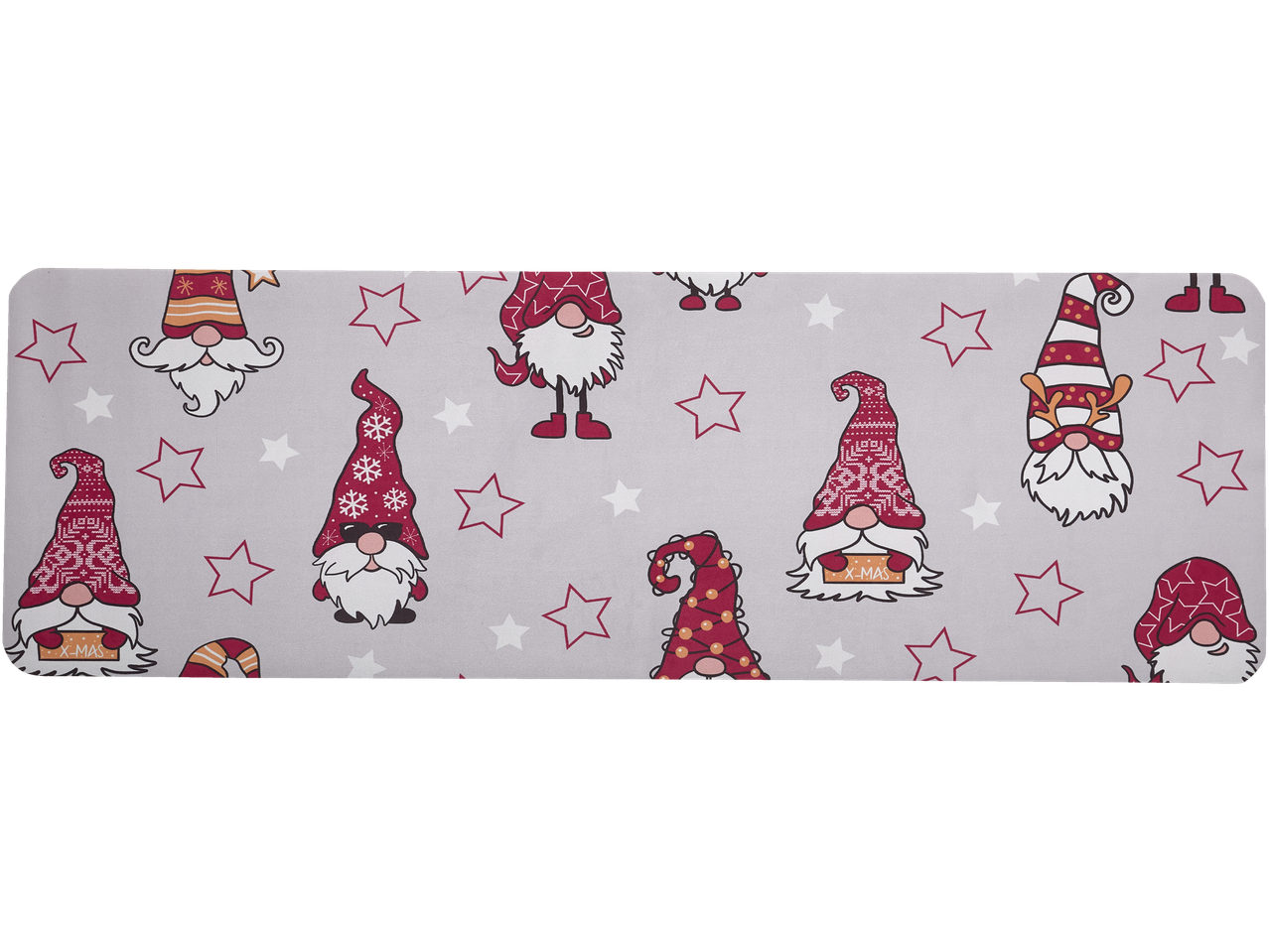 LIVARNO home virtuves celiņš ar Ziemassvētku rūķiem un zvaigznēm uz pelēka fona.