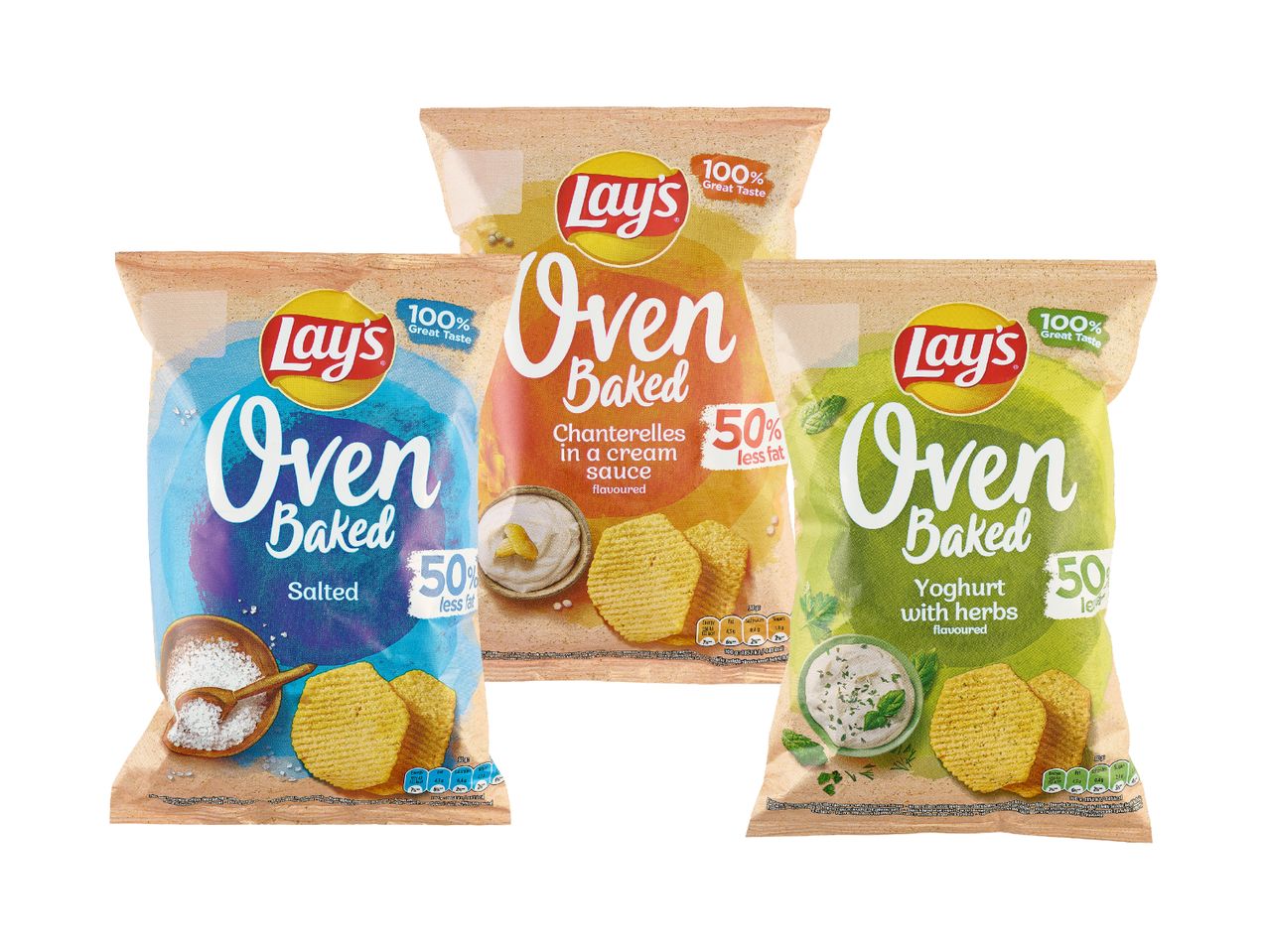 Trys Lay's Oven Baked bulvių traškučių pakeliai: sūdytos, su šampinjonų padažu ir su jogurtu bei žolelėmis.