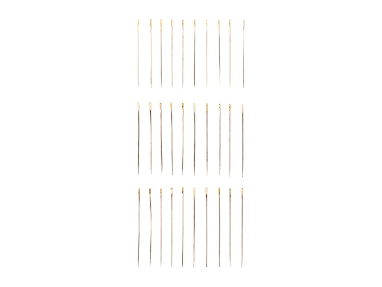 Set of 30 gold-eye sewing needles arranged in three neat rows