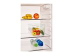 Open refrigerator with bananas, an apple, bell peppers in a container, and water bottles.