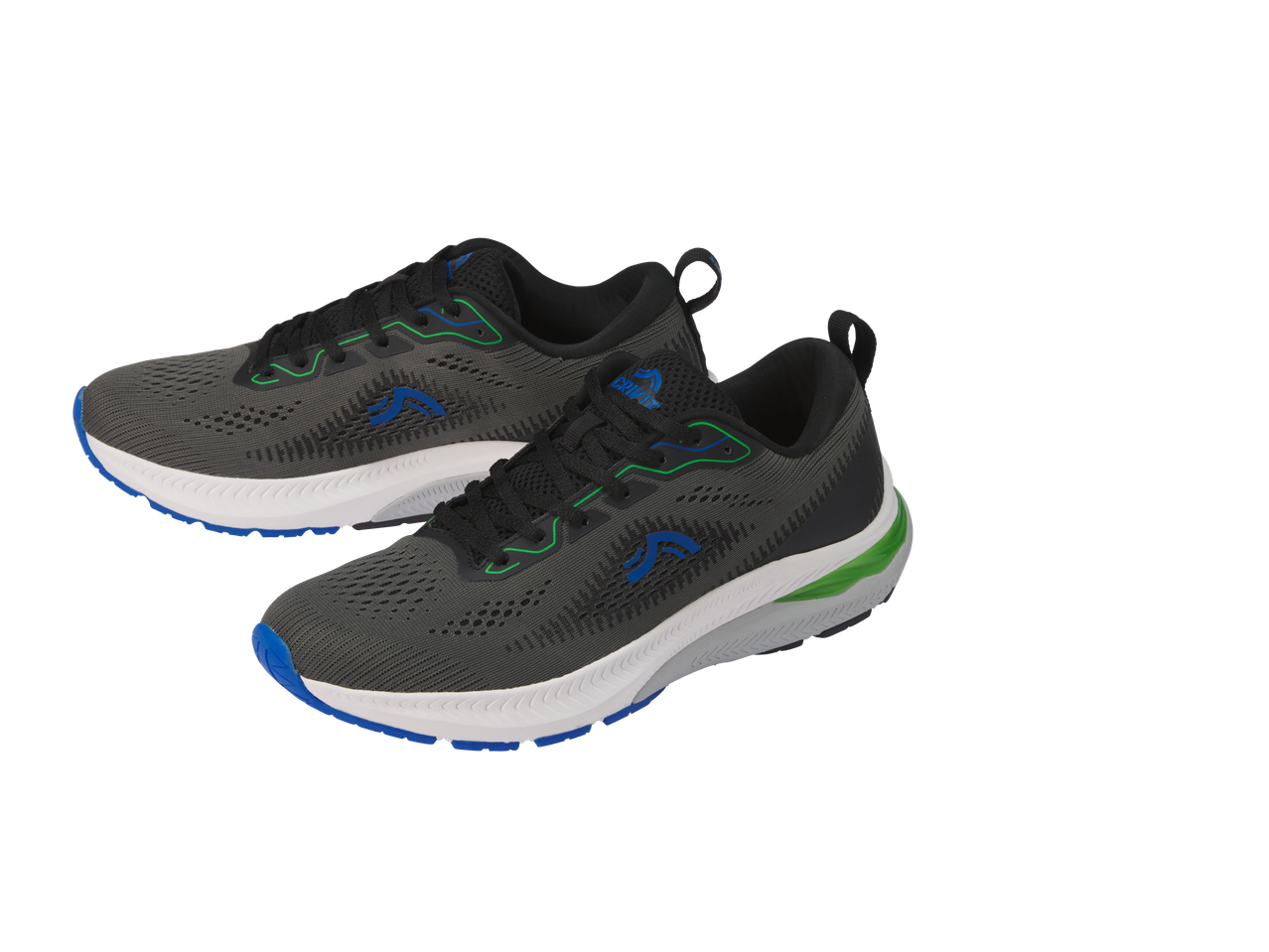 Pāris Crivit pelēku un melnu sporta apavu.