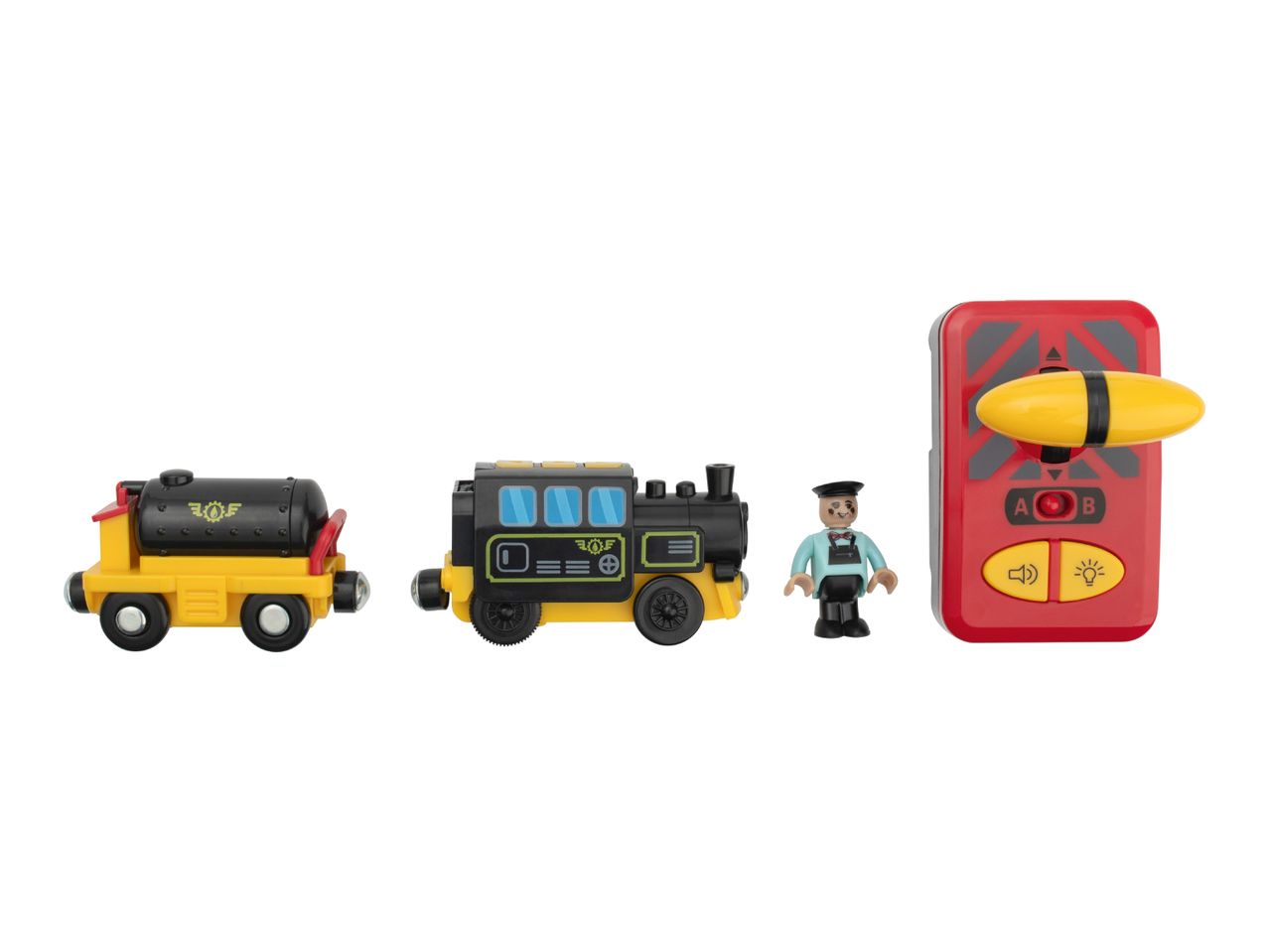 Toy train set with a locomotive, cargo car, conductor figure, and remote control.