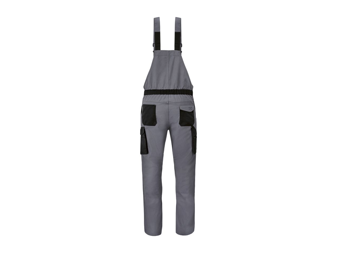 Grey work dungarees with black elastic waistband and black utility pockets