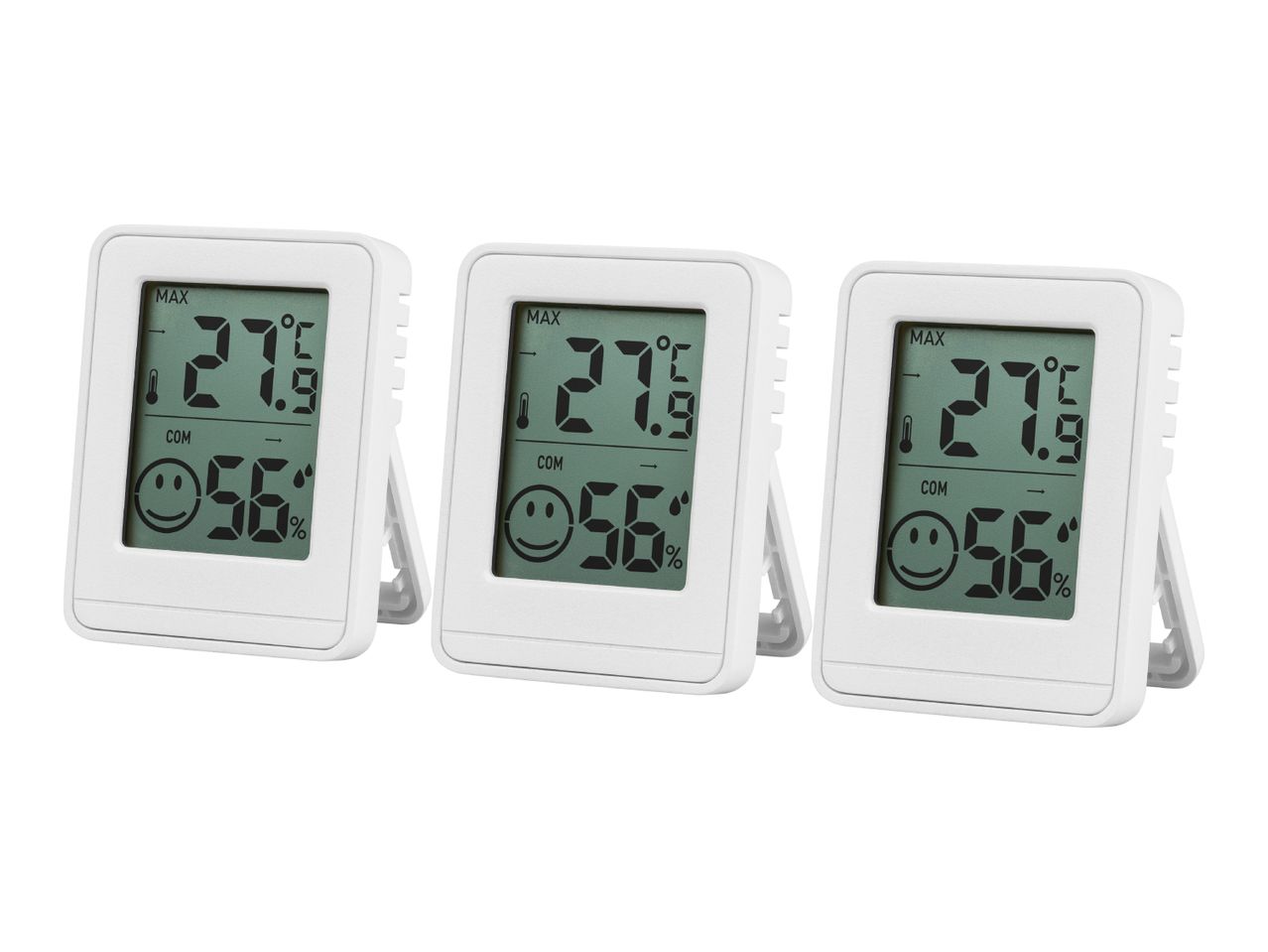 Three white digital thermometers displaying 27.9°C and 56% humidity with a happy face icon.