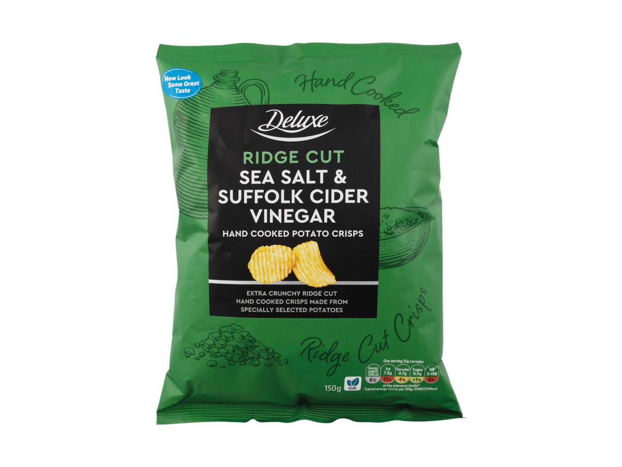 Green bag of ridge cut sea salt and cider vinegar hand cooked potato crisps.