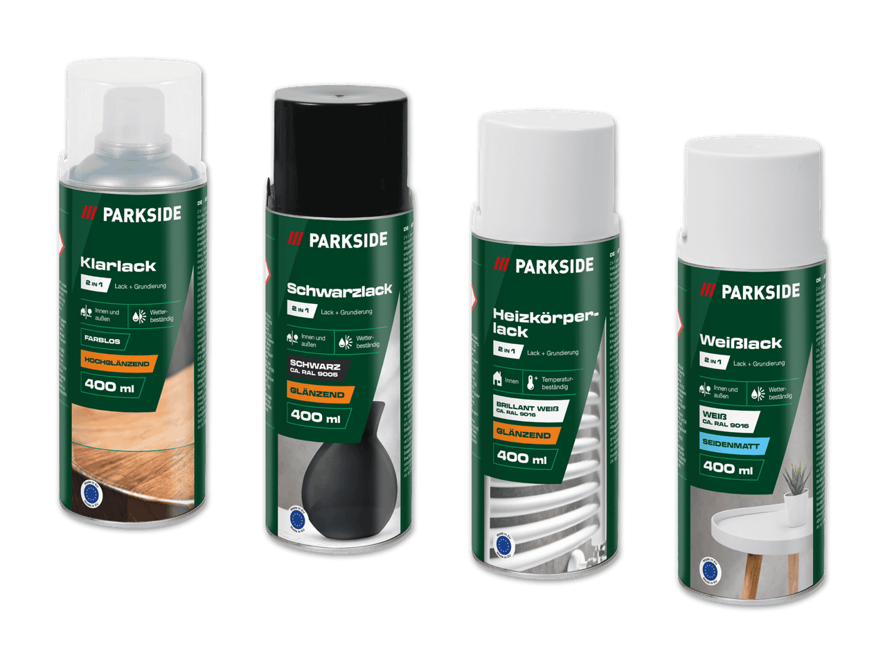 Rust-Oleum Sprühfarben in verschiedenen Farben: Holz, Schwarz, Weiß und Hellblau.