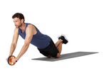 Man using an ab roller on a yoga mat.