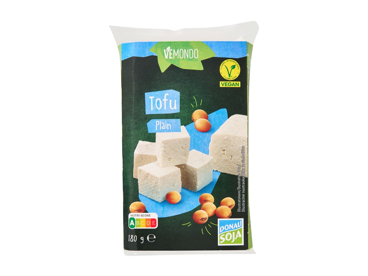 VEMONDО tofu pakend Nutri-Score ja V-Label Vegan märgistusega.