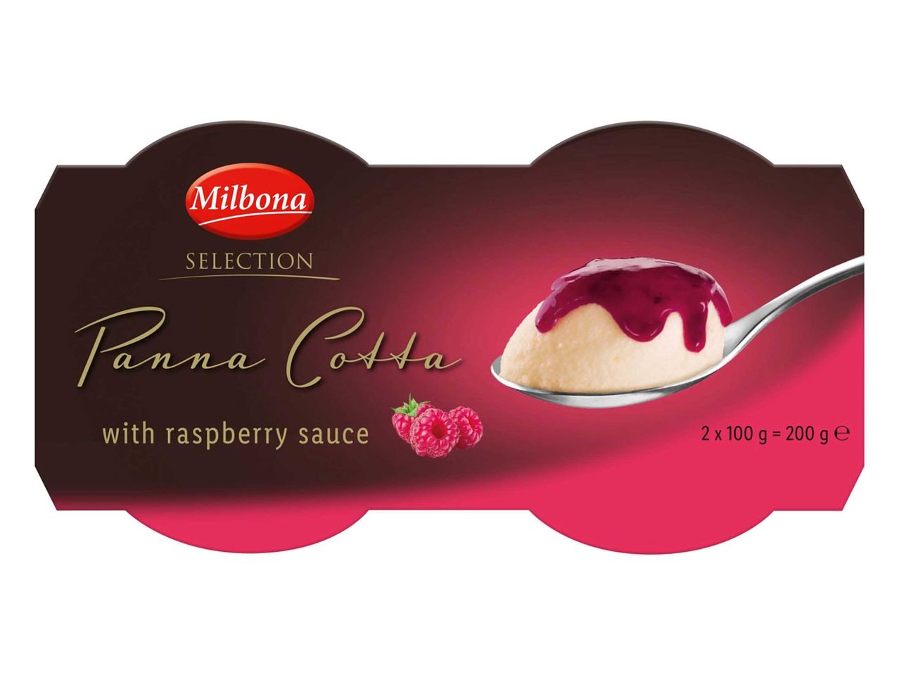 Milbona Panna Cotta málnaszósszal, 2x100g-os kiszerelésben.