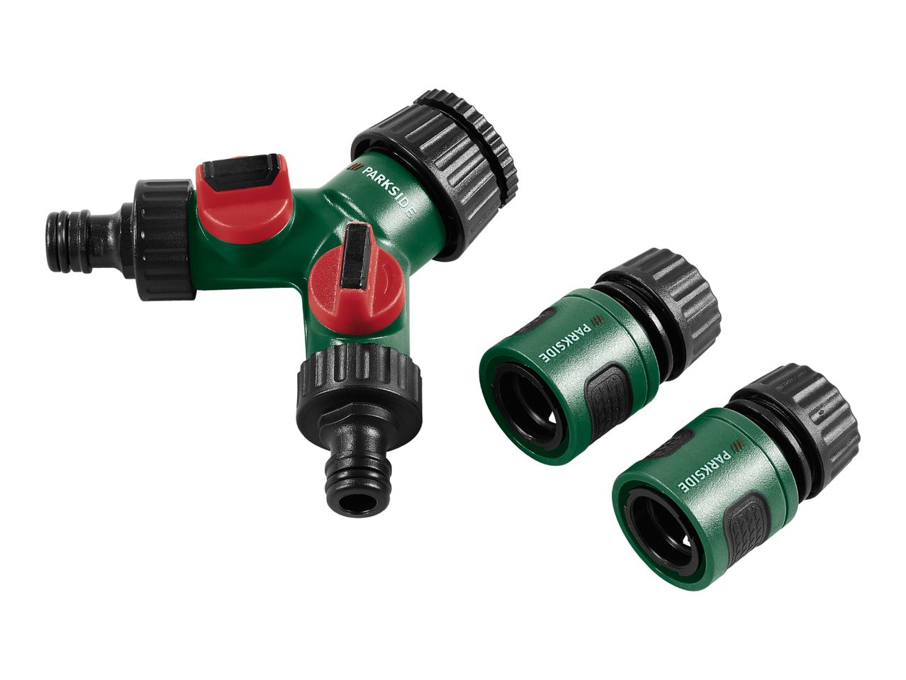 Green garden hose splitter with red valves and two green hose connectors.