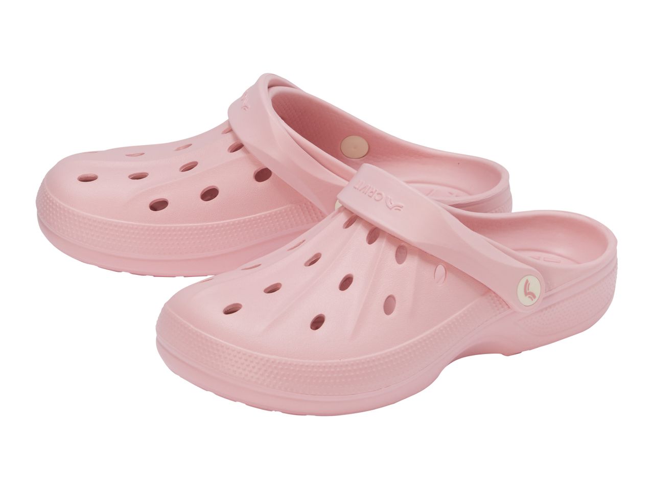 Pair of light pink clogs with ventilation holes and a movable heel strap.
