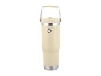 Cream-colored insulated tumbler with a handle and a silver base, featuring a small triangle logo.