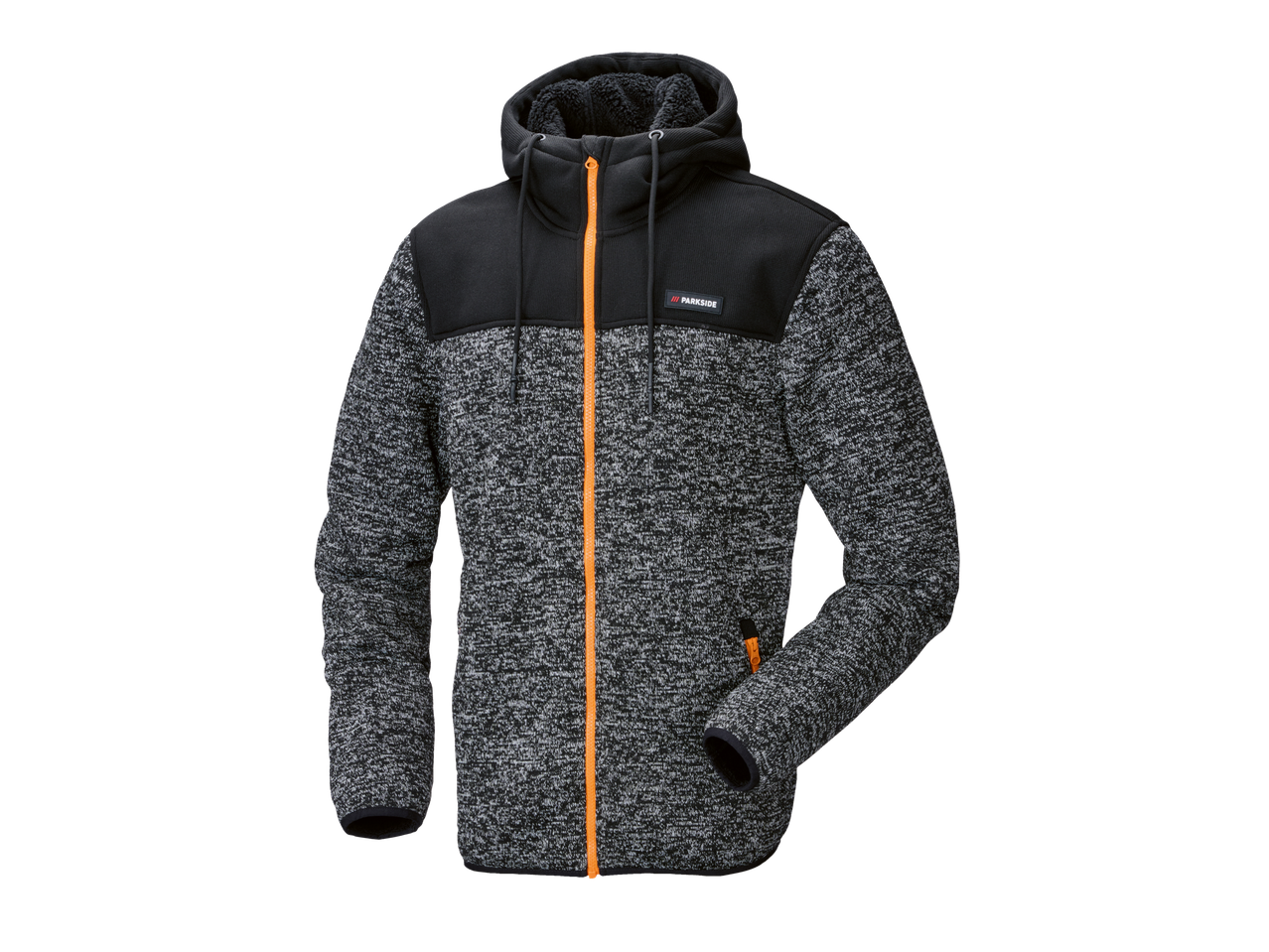 Parkside® vyriška fliso striukė juodos ir pilkos spalvos su oranžiniu užtrauktuku.
