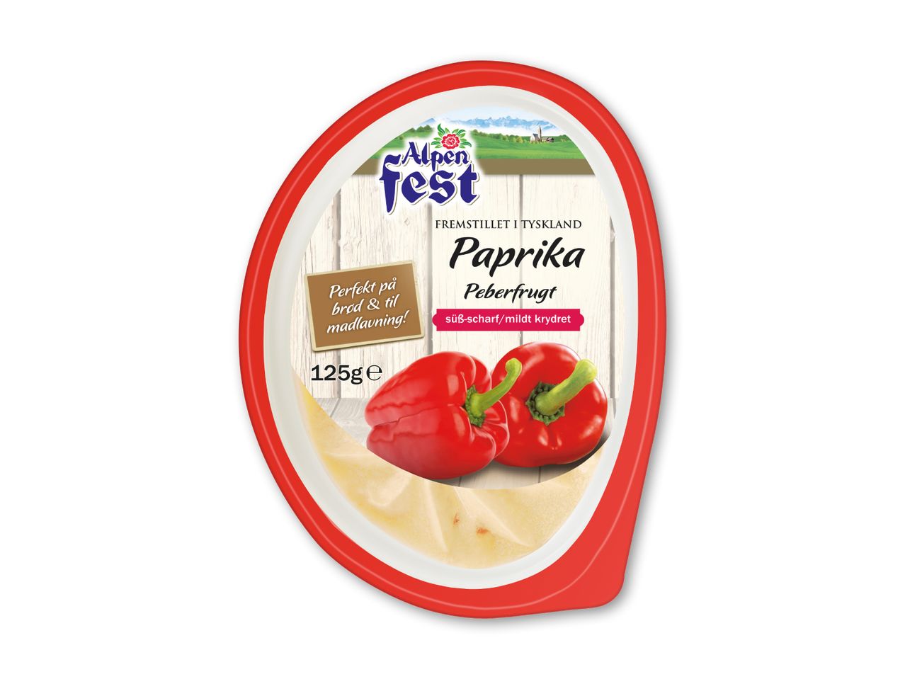 Paprika peberfrugt pålæg i en rød og hvid bakke, 125g.