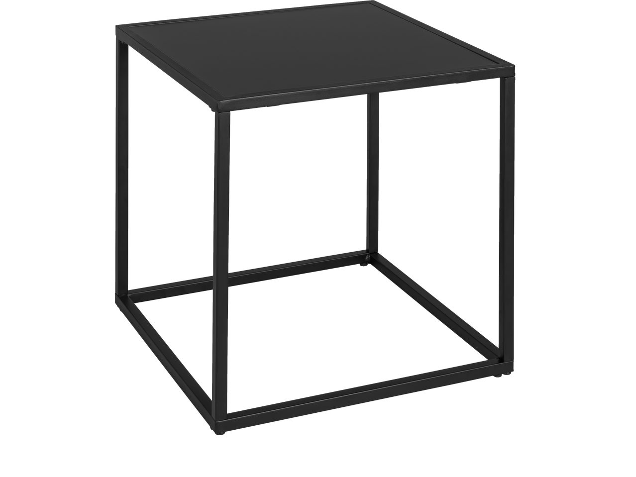 Melns LIVARNO metāla sānu galdiņš ar tumšu stikla virsmu.