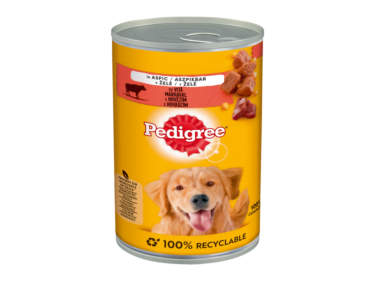 Hrană umedă Pedigree pentru câini cu vită în aspic, din ingrediente naturale, 100% reciclabilă.