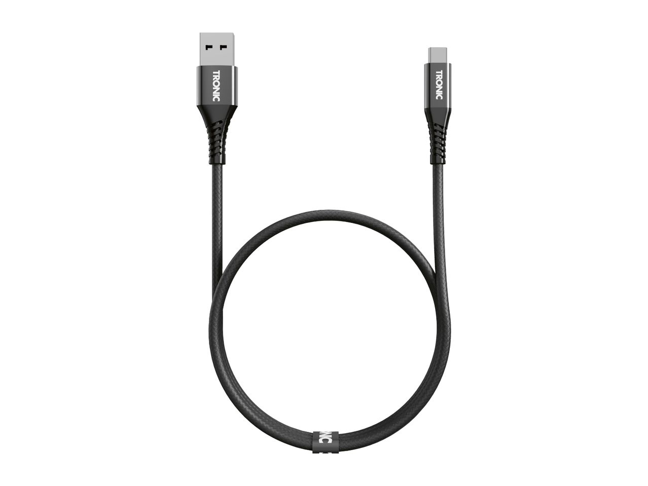 Black USB-A to USB-C charging cable with braided texture and metal connectors.