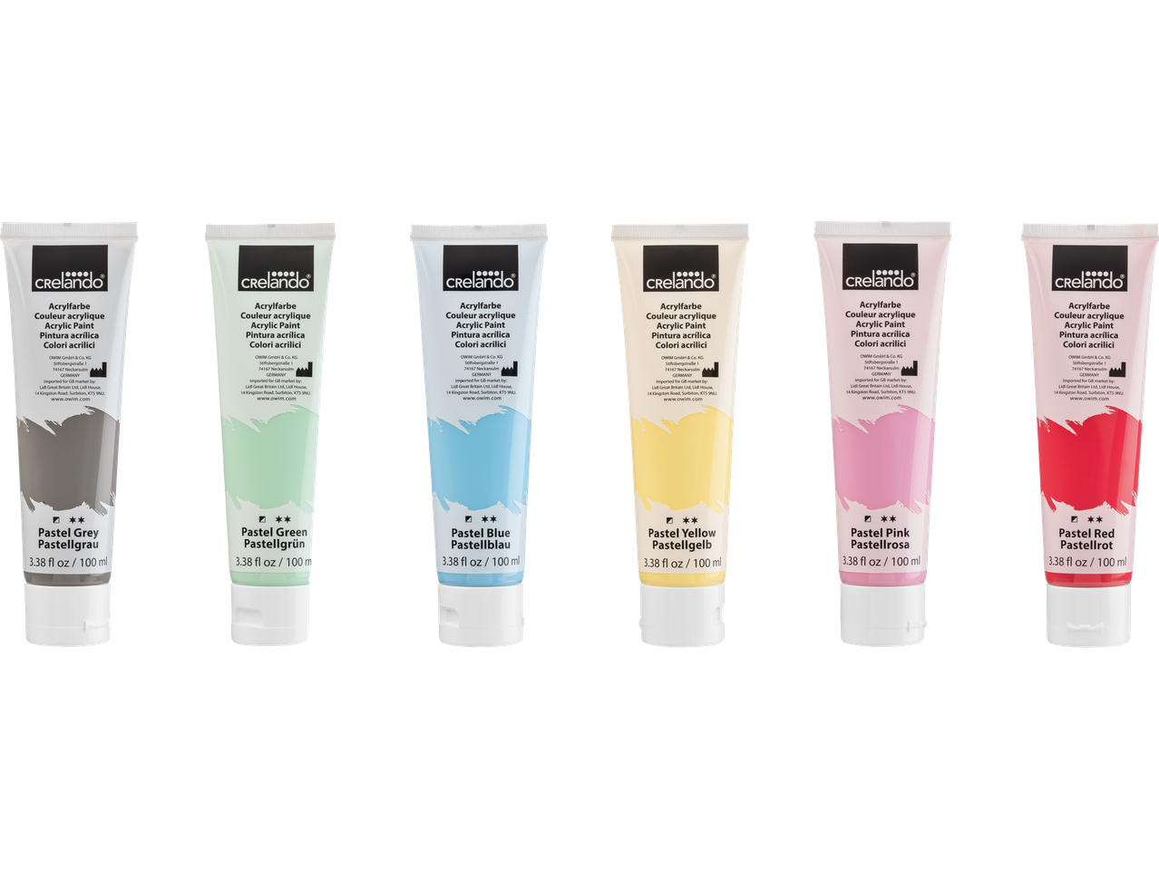 Crelando pastel acrylic paints in grey, green, blue, yellow, pink, and red.