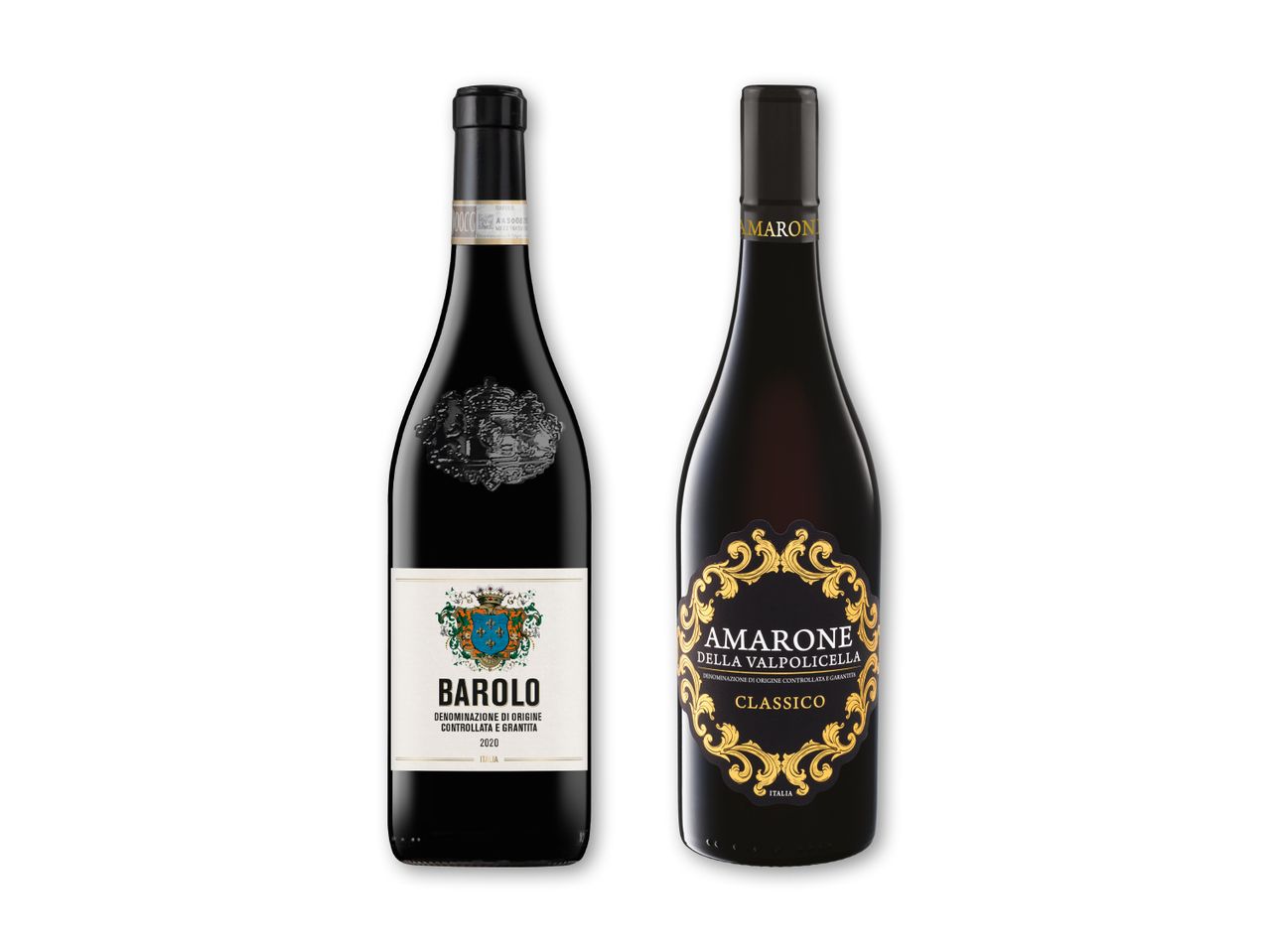 To flasker italiensk rødvin, en Barolo fra 2020 og en Amarone della Valpolicella Classico.