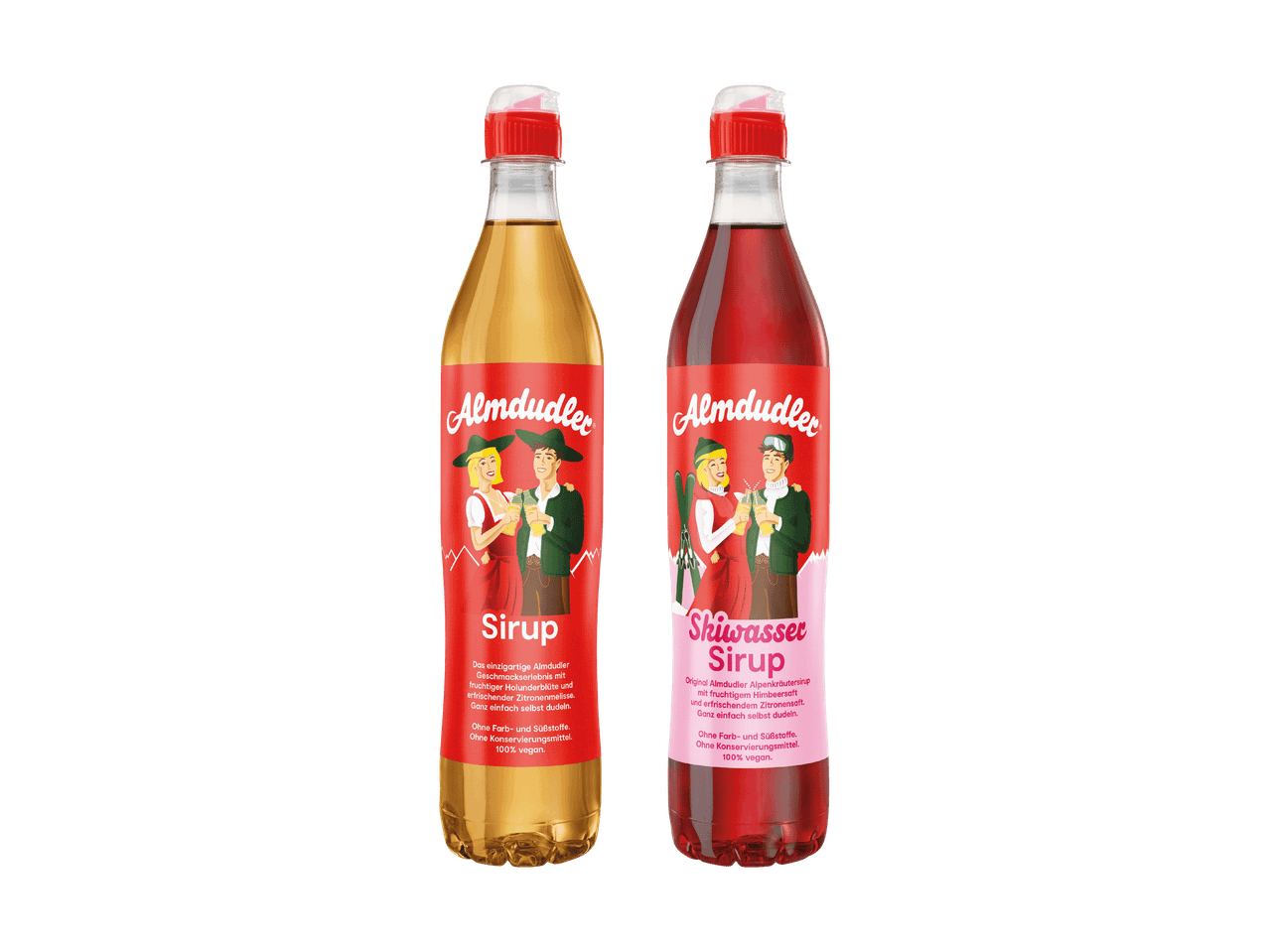 Zwei Flaschen Almdudler Sirup, eine goldene und eine rote, mit traditionellen und Ski-Motiven.