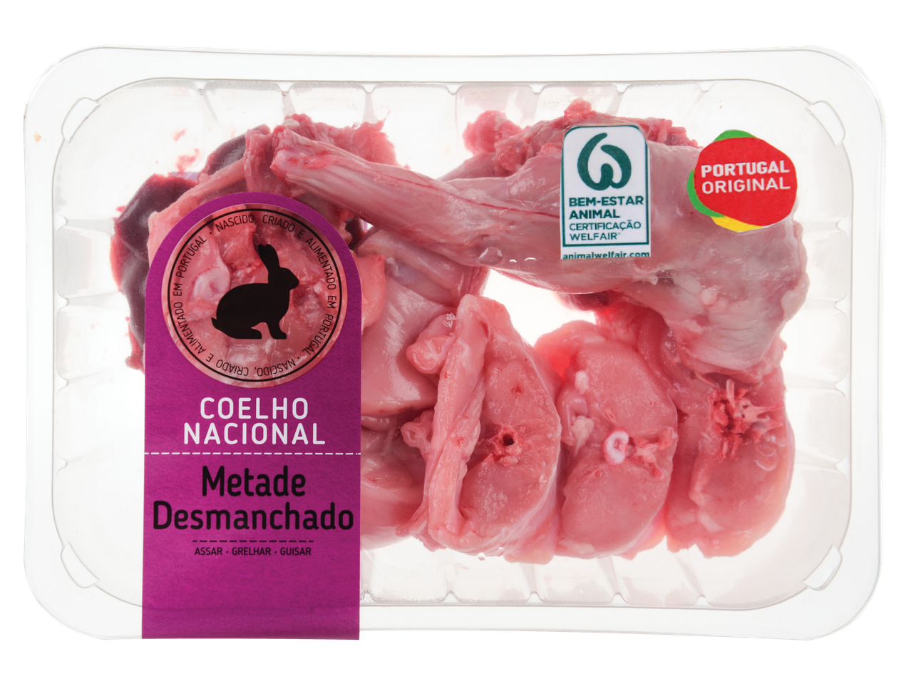 Embalagem de carne de coelho nacional, com selos de certificação de bem-estar animal e origem portuguesa.