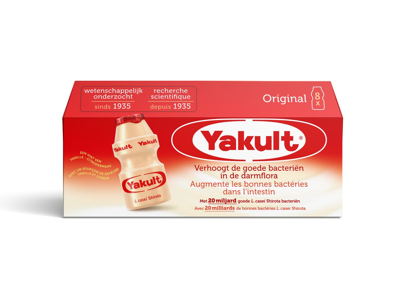 Doos met 8 Yakult Original flesjes: probiotische drank.