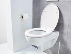 Fehér fali WC nyitott ülőkével és WC-papír tartóval egy modern fürdőszobában.