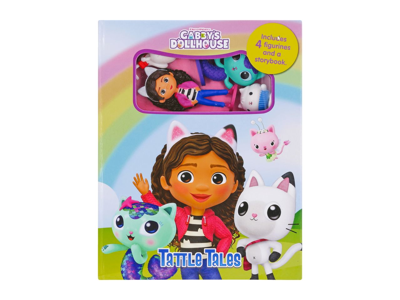 Children's book with a girl and cat characters, including a set of 4 figurines and a storybook.