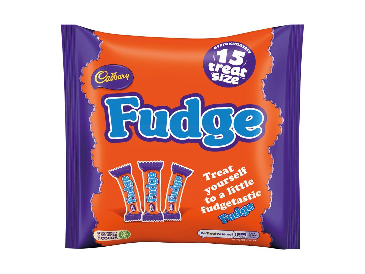 Cadbury Fudge multipack with 15 treat-size bars, featuring an orange and purple design.