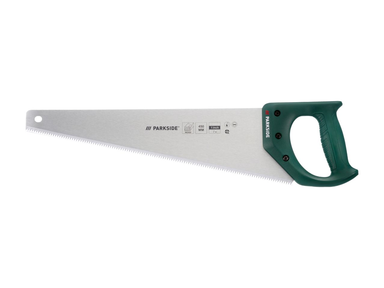 A hand saw with a green plastic handle.