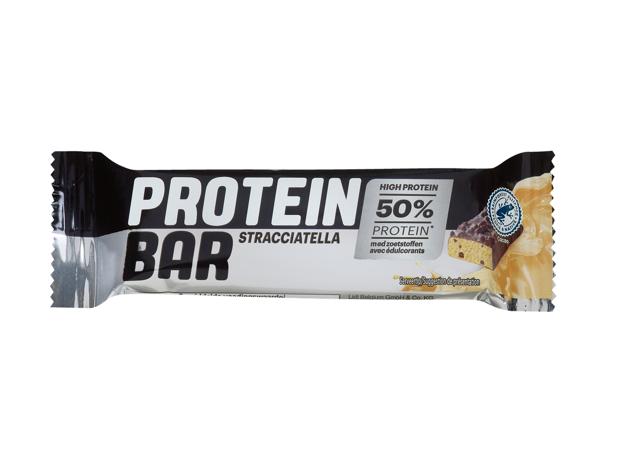 Barre protéinée saveur stracciatella, avec 50% de protéines et du cacao certifié Rainforest Alliance.