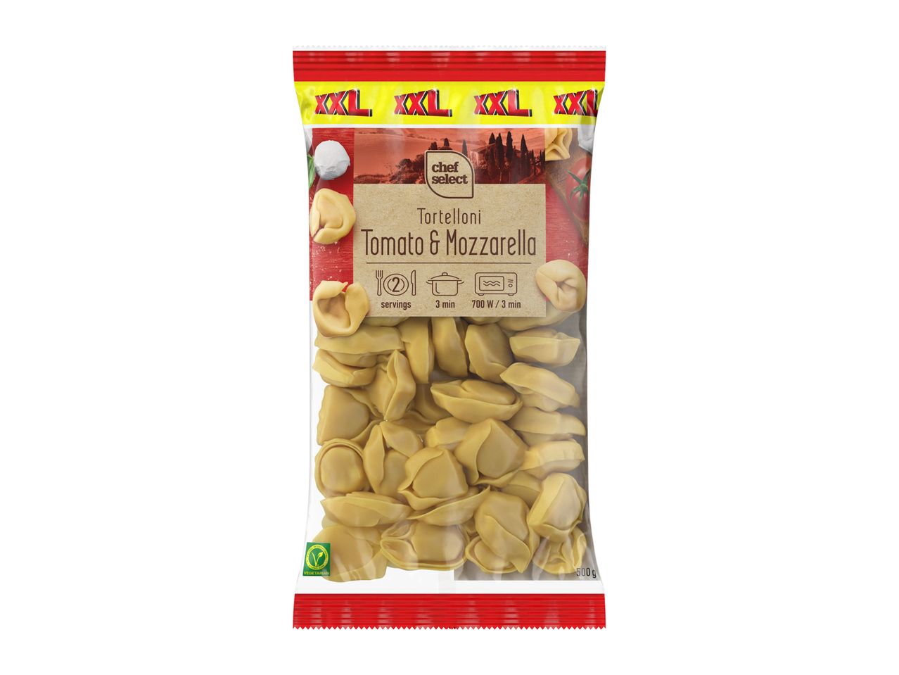 Chef Select XXL Tortelloni Tomato & Mozzarella pasta in a bag.