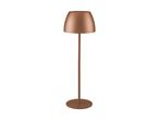 En kobberfarvet gulvlampe med en konisk skærm og en rund base.