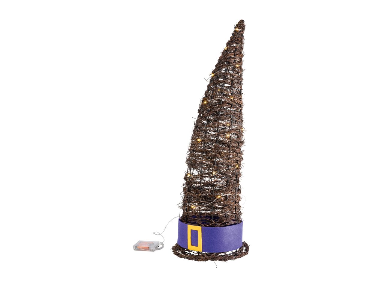 Light-up decorative witch's hat made of woven twigs with a purple band and yellow buckle