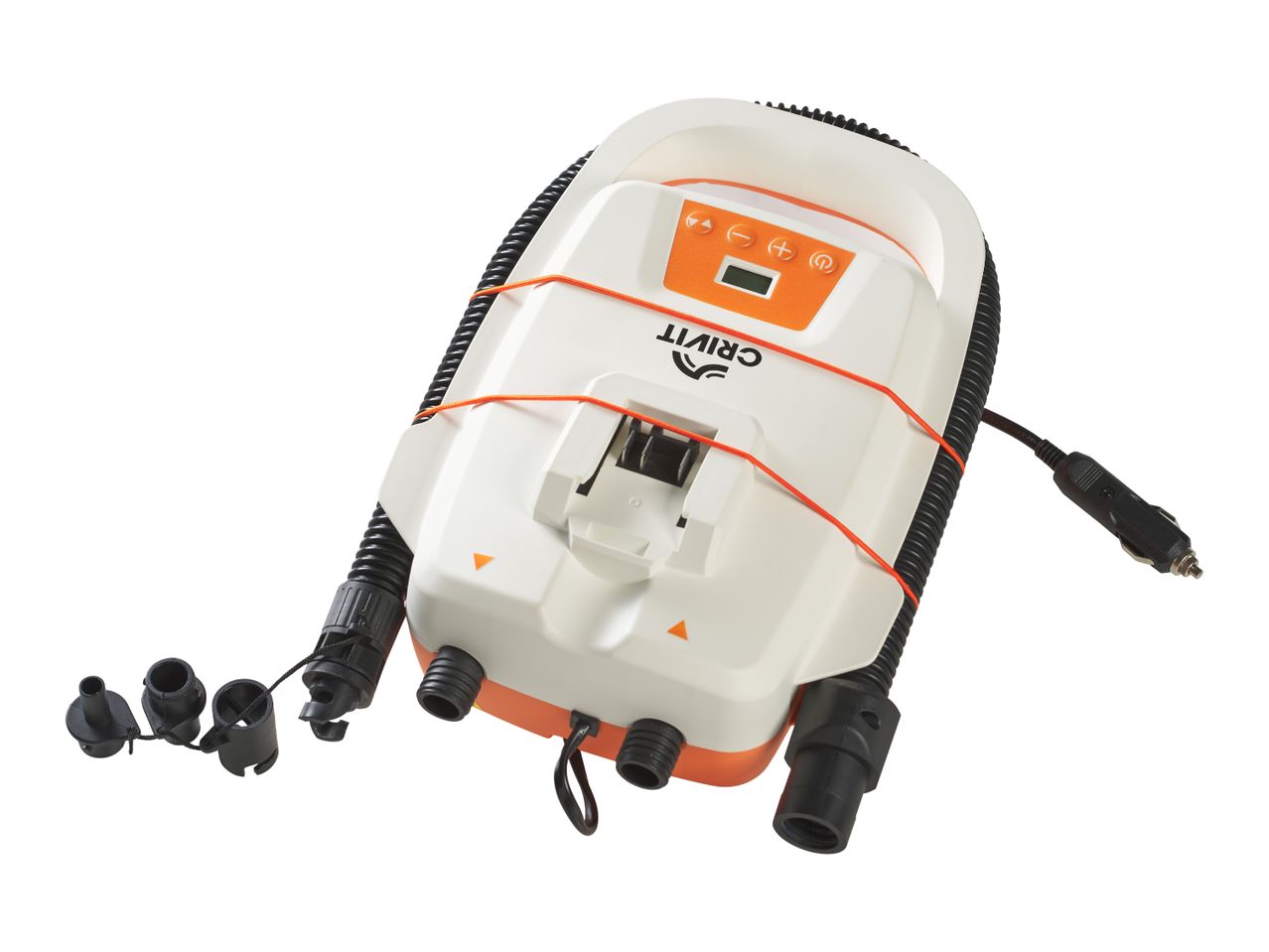 Portable electric air pump with hose, various nozzles, and car power adapter.