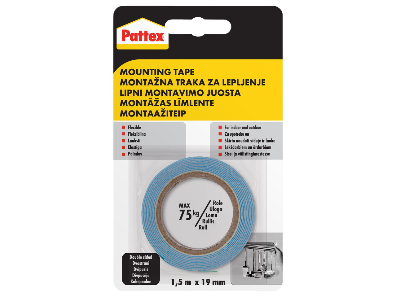 Pattex montažna traka, dvostrana, 1,5 m x 19 mm, za unutrašnju i spoljašnju upotrebu.