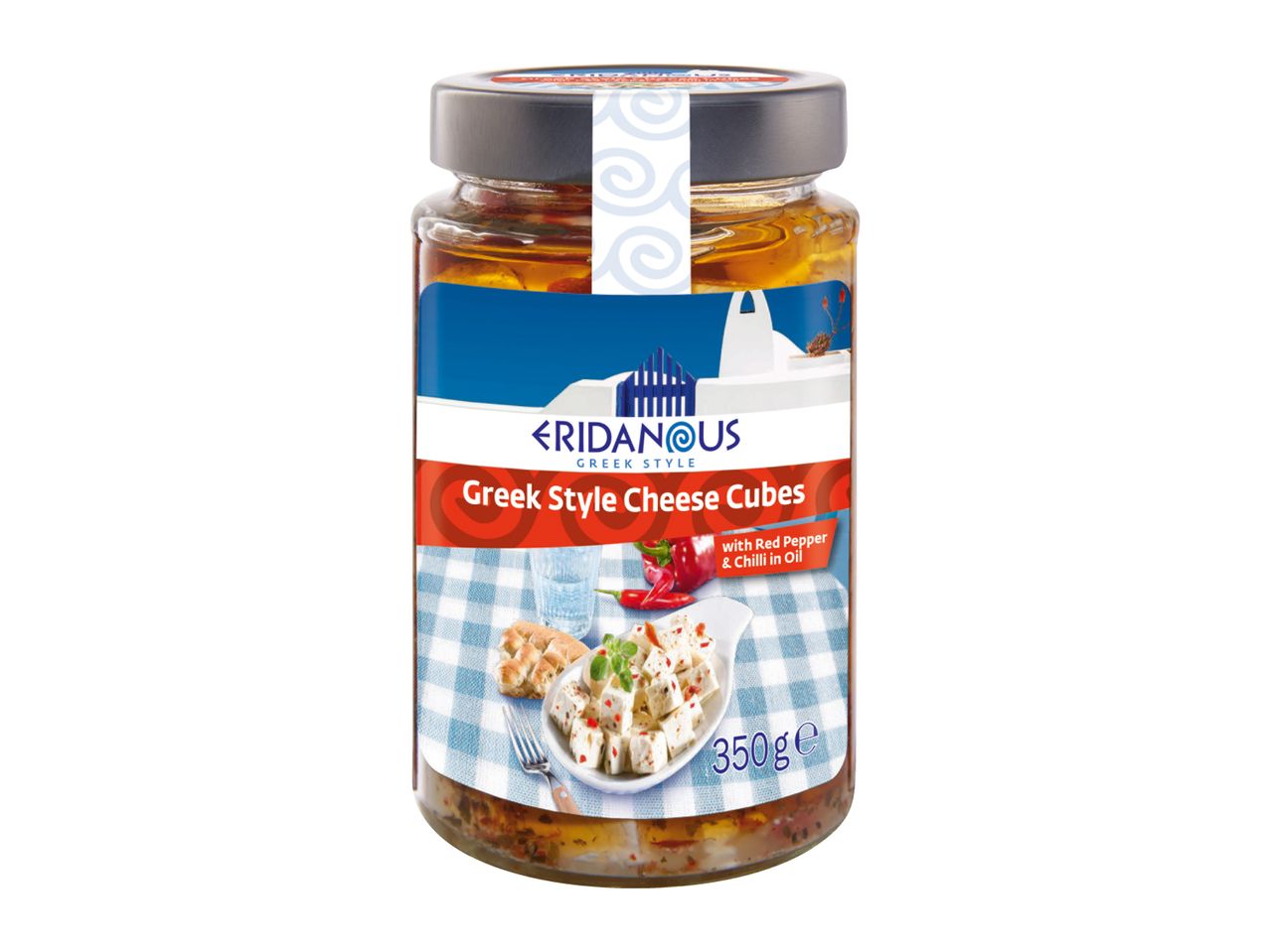 Jar of Greek-style cheese cubes with red pepper and chili in oil, 350g.