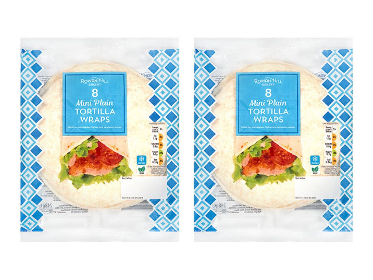 Two packs of 8 mini plain tortilla wraps, with a blue and white geometric pattern.