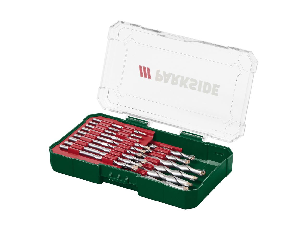 PARKSIDE drill bit set in a green and red case with a clear lid