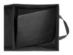Top view of a black fabric storage box with a divider and handle