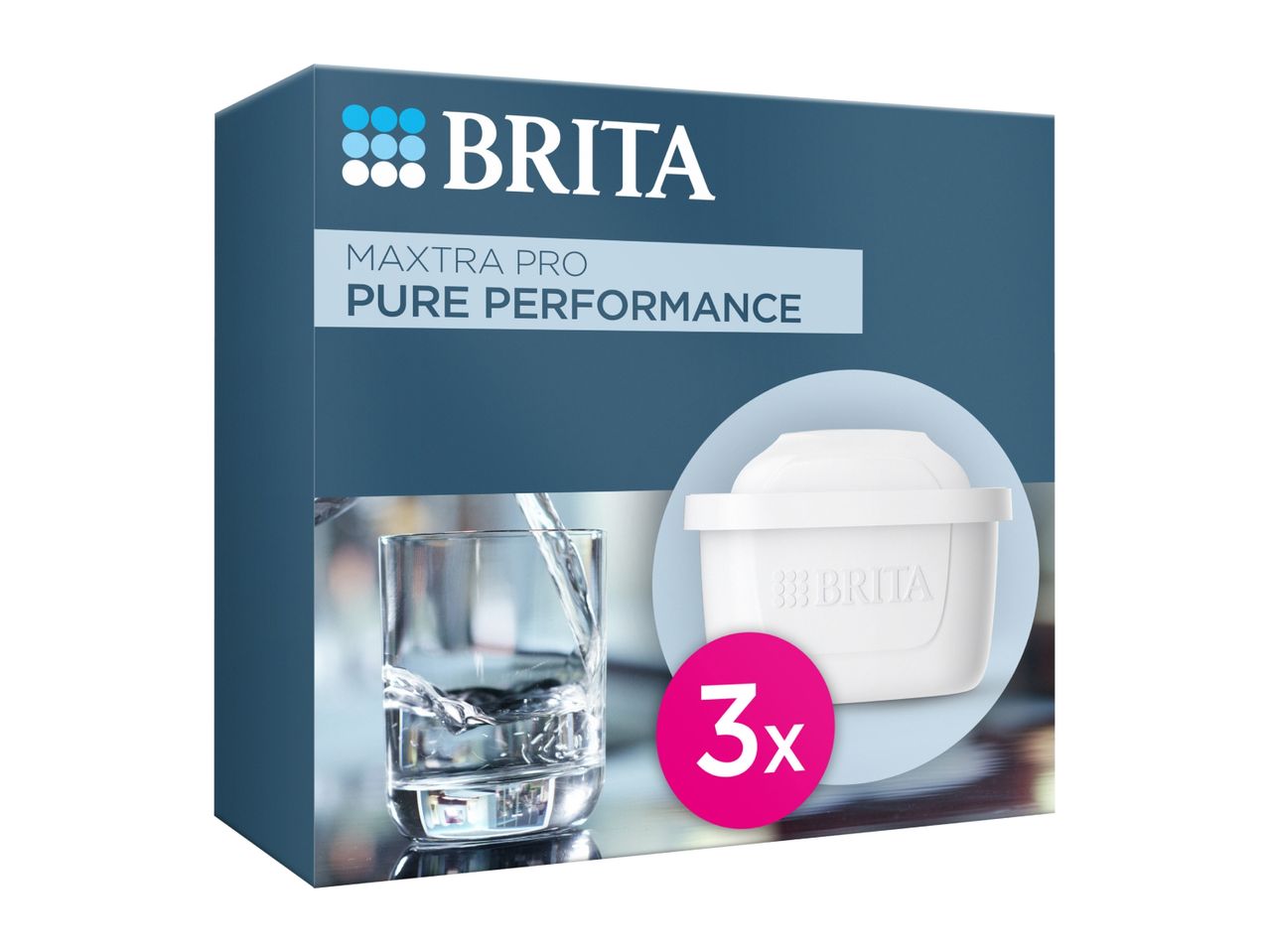 BRITA MAXTRA PRO Pure Performance water filter 3-pack with a glass of water.