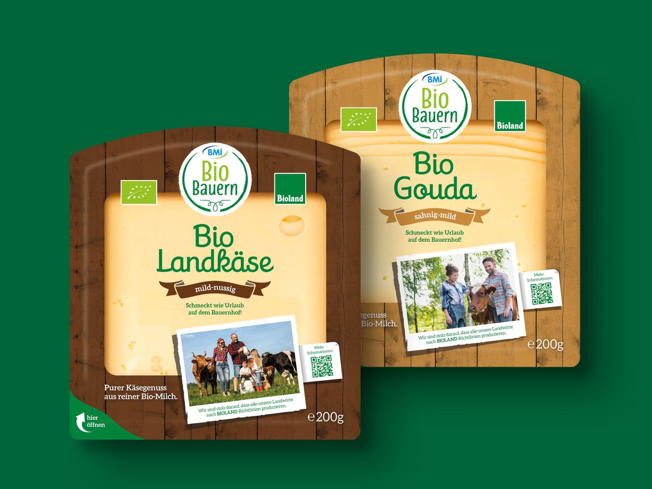 Bio Landkäse und Bio Gouda Käse, Bio Bauern Marke, Bioland zertifiziert.